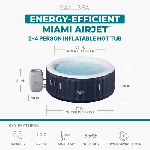 Vista 3 de Bestway SaluSpa Miami - Bañera de hidromasaje inflable para 2 a 4 personas, spa portátil de bajo consumo redondo para exteriores con 120 AirJets, 71