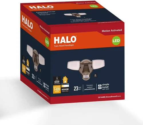 Vista 2 de HALO Luz LED de inundación y seguridad para exteriores, activada por movimiento, del atardecer al amanecer, 1420 lúmenes, bronce