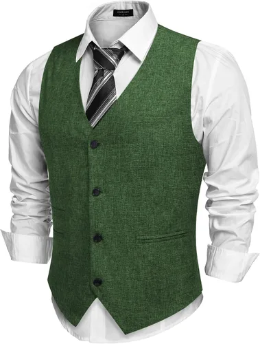 Vista 14 de COOFANDY Chalecos casuales de negocios para hombre, chaleco ligero de corte ajustado para traje Verde militar