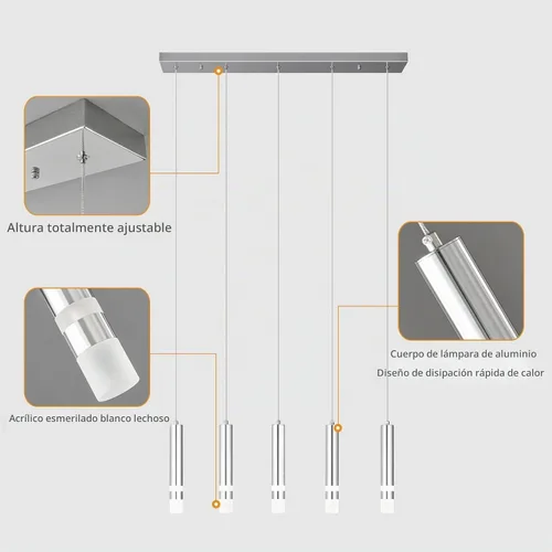 Vista 4 de Lámpara colgante moderna para comedor de 5 luces, accesorio de cocina regulable LED cromado mini iluminación colgante para isla de cocina, luces