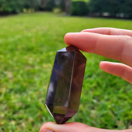 Vista 8 de Cristal curativo de doble punto de cuarzo ahumado natural. Calidad pura. Protección de chakra raíz Muladhara, Wicca, meditación metafísica cristal