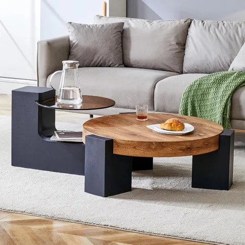 Vista 8 de Moderna mesa de centro redonda anidable, 2 en 1, juego de mesa central pequeña desmontable con mesa de MDF para sala de estar, oficina, decoración