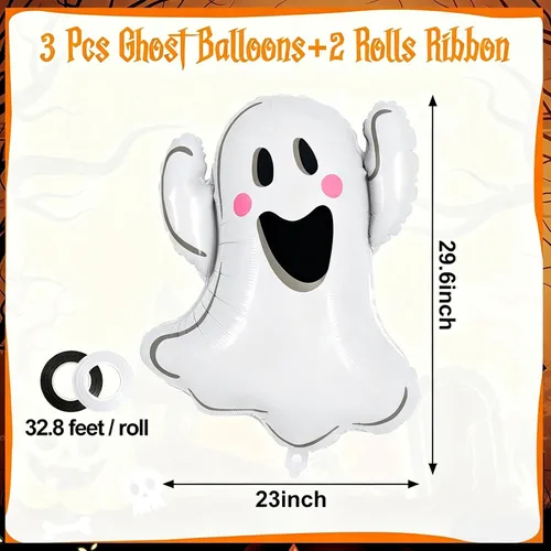 Vista 2 de 3 globos de fantasma de Halloween, globos de aluminio con forma de fantasma blanco, globos grandes de Mylar para decoración de fiesta temática