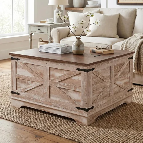 Vista 3 de senlin Mesa de café de casa de campo, mesa de café resistente con almacenamiento, mesa central cuadrada de madera con compartimento