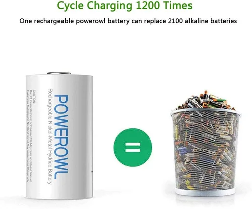 Vista 10 de POWEROWL Baterías recargables D de 10000 mAh de baja autodescarga, NiMH, precargadas, 4 unidades (Recharge Universal)