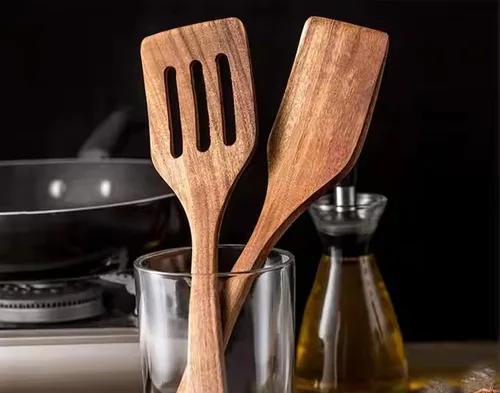 Vista 4 de Juego de 2 espátulas de madera de acacia natural, espátulas ranuradas de madera maciza de mango largo, espátulas planas para freír, espátulas