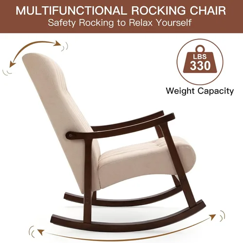 Vista 4 de AVAWING Silla mecedora tapizada con asiento acolchado de tela, cómoda balancín de madera maciza para sala de estar, silla moderna de respaldo alto