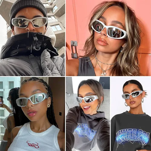 Vista 2 de knliwkm 3 pares de lentes de sol ovalados deportivos envolventes Y2K futuristas para mujeres y hombres, moda plateada