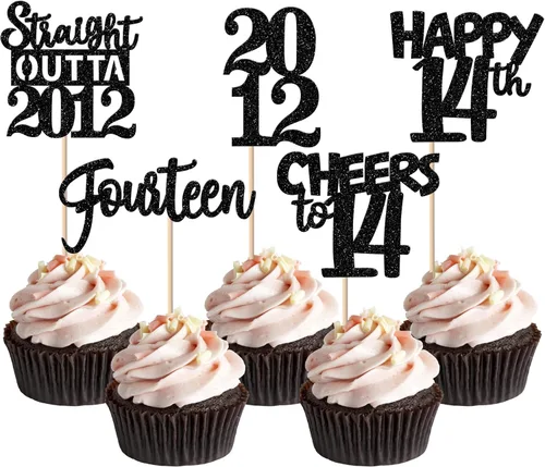 Vista 87 de 30 piezas negras para cupcakes de 10.º cumpleaños con purpurina Ten Happy 10 Straight Outta 2016 para saludos a 10 años 10 cumpleaños, boda Negro