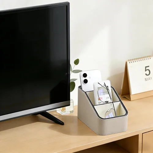 Vista 2 de Soporte para control remoto de piel sintética, organizador de escritorio pequeño, suministros de oficina, mesita de noche para mesa auxiliar, Beige