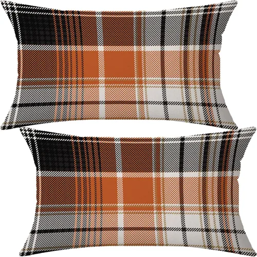 Vista 25 de AOFANGGO - Juego de 2 fundas de almohada de otoño decorativas de 16x16 pulgadas. Fundas de almohada de cuadros naranja y gris, cojines de lino
