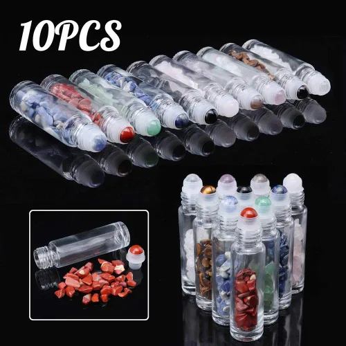 Vista 2 de Botellas enrollables de vidrio transparente, paquete de 10 bolas enrollables de 0.33 onzas líquidas de piedras preciosas para aceites esenciales