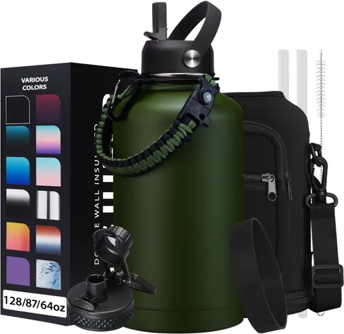 Vista 10 de Botella de agua aislada de 1 galón, con popote y tapa de pico automático, mango de paracord, funda para botella, botella de agua de acero inoxidable