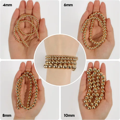 Vista 6 de Cuentas de hematita de oro de 14K, cuentas sueltas redondas para hacer joyas, pulseras y collares de bricolaje, cuentas de 6 mm/60 piezas
