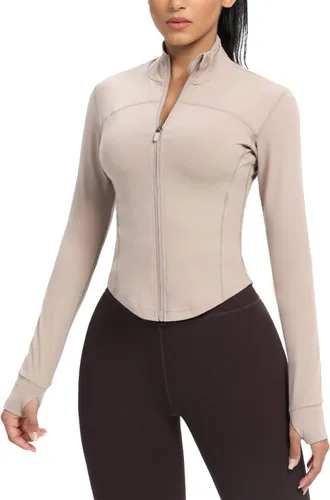 Vista 90 de AVGO Chaquetas de entrenamiento recortadas para mujer, con cremallera, ajustadas, atléticas, con agujeros para el pulgar