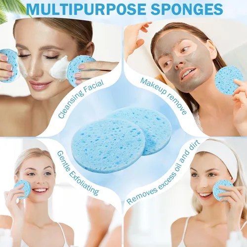 Vista 5 de Amyhill 300 esponjas faciales comprimidas, esponjas faciales naturales para limpieza, almohadillas exfoliantes faciales desechables para Azul