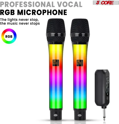 Vista 4 de 5 CORE Micrófonos inalámbricos, par de karaoke con luces LED brillantes, recargable, portátil, de largo alcance, micrófonos dinámicos de mano