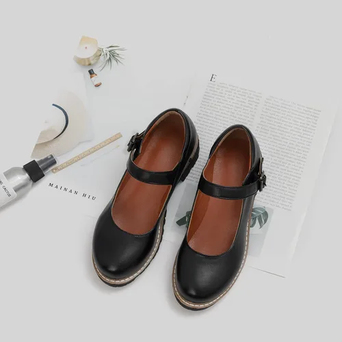 Vista 8 de Zapatos Oxford Mary Janes de cuero para mujer, zapatos planos gruesos y bajos de plataforma de costura retro clásicos con correa de tobillo
