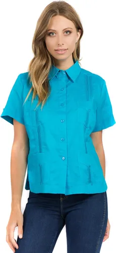 Vista 7 de Mojito Guayabera de manga corta 100% lino tradicional con cuatro bolsillos para mujer