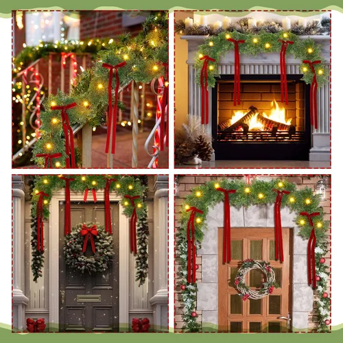 Vista 7 de Guirnalda de cedro de Navidad de 1.8 m con lazo rojo, guirnaldas de pino artificiales iluminadas con luces blancas, vegetación artificial de toque