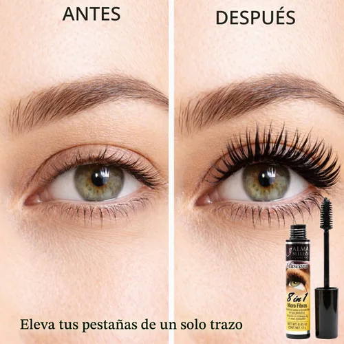 Vista 4 de Máscara de pestañas 8 en 1 con microfibras – Máscara de pestañas voluminizadora y alargadora, define, espesa y extiende las pestañas, maquillaje