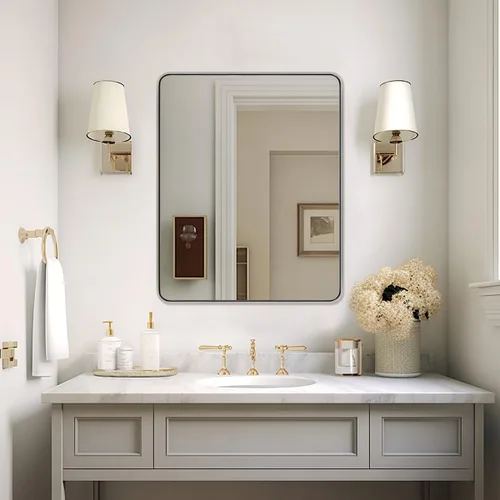 Vista 46 de Espejo de latón para baño, espejo rectangular redondeado de 22x30 pulgadas con marco de metal cepillado dorado, espejo de tocador de baño sin