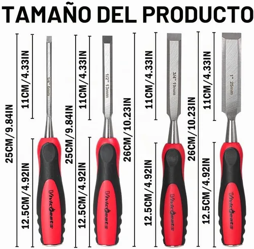 Vista 4 de Vivicreate Juego de 4 cinceles de madera para carpintería CR-V, cinceles de madera de borde biselado de acero con tapas de golpeo, cubiertas