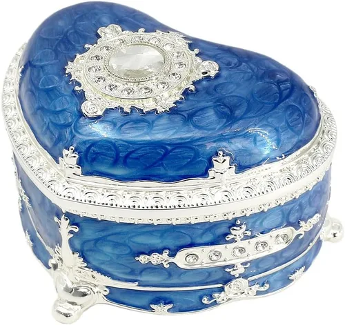 Vista 4 de ROSIKING Caja de música de aleación de metal en relieve en forma de corazón azul, caja musical antigua para joyería con cuerda, regalos