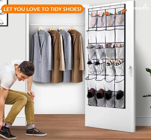 Vista 2 de MISSLO Organizador de zapatos con 35 bolsillos grandes para colocar sobre la puerta + 24 bolsillos grandes de malla, color blanco