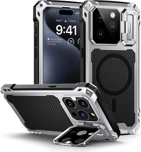 Vista 15 de Lanhiem Funda de metal para iPhone 13 con funda de cámara y soporte [compatible con MagSafe] [Soporte integrado] [Protección de grado militar] Funda
