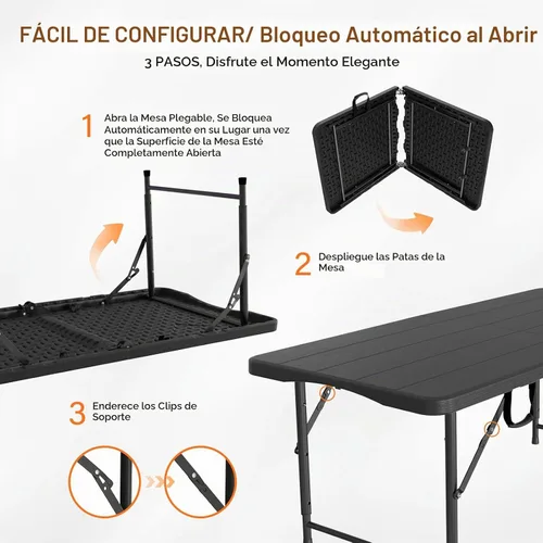 Vista 8 de Vingli - Mesa plegable de 4 pies de plástico para camping, altura ajustable en 3 niveles, portátil para interiores/exteriores, mesa de fiesta Negro