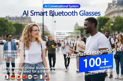 Vista 5 de Lentes inteligentes AI con gafas de seguridad Bluetooth para el trabajo cara a cara, lentes de traducción Bluetooth inalámbricos y traducción