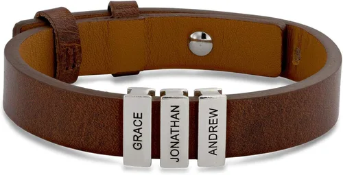 Vista 2 de MYKA - Pulsera de cuero negro para hombre con nombres inscripción en cuentas de plata personalizadas joyería personalizada para hombres marido papá