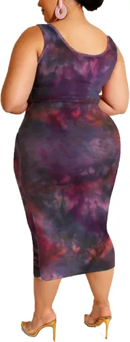 Vista 2 de Conjunto vestido a media pierna de 2 piezas de talla plus, conjunto de falda ajustada, top ajustado, estampado estilo hippy sin mangas