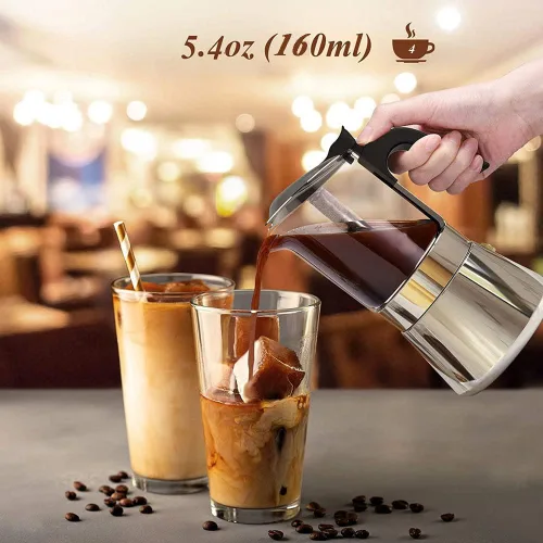 Vista 2 de Máquina de café expreso con tapa de cristal y acero inoxidable, cafetera italiana clásica, olla Moka - 4/6/9 tazas, 12.2 fl oz/12.7oz/9 tazas