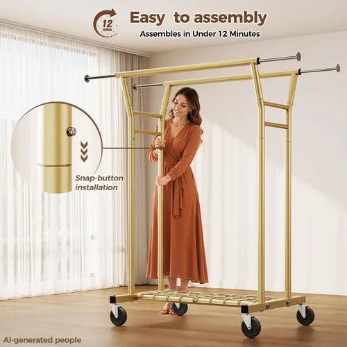 Vista 6 de HYSEYY Heavy Duty Clothes Rack, Rolling Clothing Rack for Hanging Clothes with Shelves Load 700LBS,Portable Garment Wardrobe Closet Rack with Wheels
