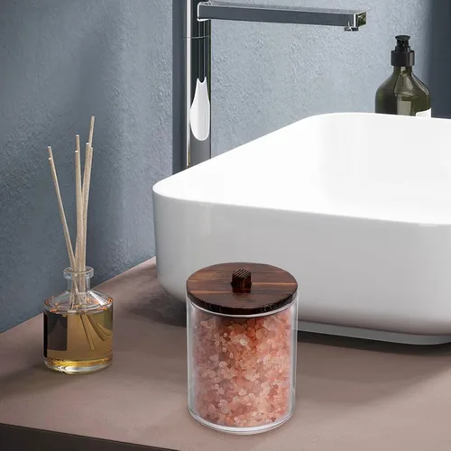 Vista 6 de Tbestmax Qtips Contenedor de baño con tapas de madera marrón, dispensador de bolas de algodón de 10/7 onzas, tarro organizador de boticario