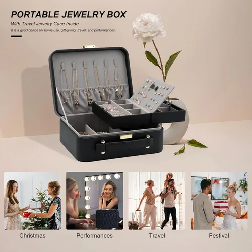 Vista 8 de V-LAFUY Joyero para mujer, organizador de joyas de viaje con bandeja de joyería para anillos, aretes, collares, pulseras y relojes, color negro
