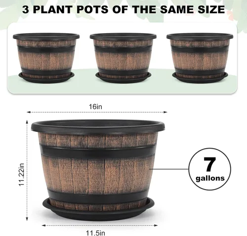Vista 2 de Quarut Paquete de 3 macetas grandes de plástico de 16 pulgadas, macetas de barril de whisky con agujeros de drenaje y platillo. Macetas de flores