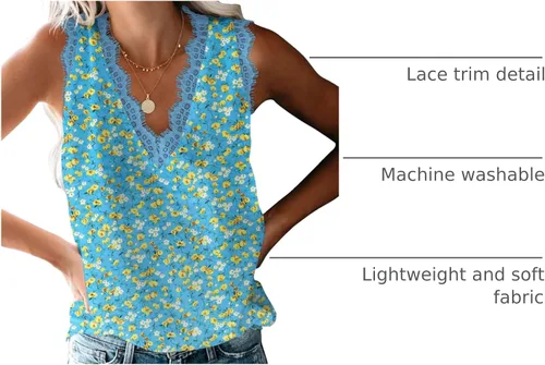 Vista 269 de VIISHOW - Camiseta sin mangas, sexy, con cuello en V y bordes de encaje para mujer, camisola de vestir, camisas de gasa, sin mangas, casuales