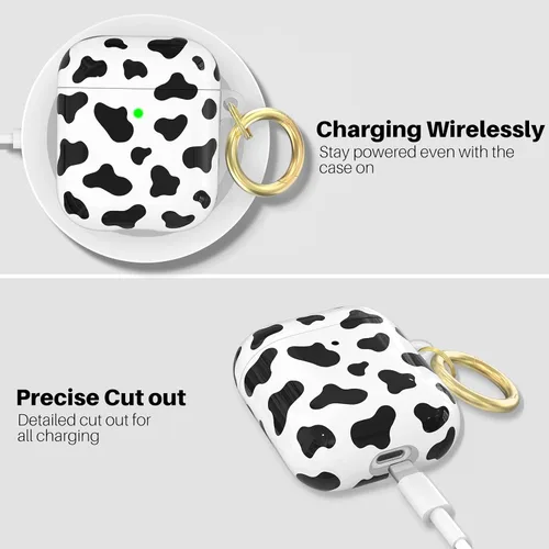 Vista 5 de NIUTRENDZ Linda funda con estampado de vaca para AirPods, diseño IMD duro TPU a prueba de golpes [LED frontal visible] [carga inalámbrica] Funda