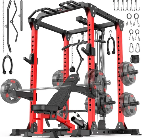 Vista 17 de Power Cage - Rack de Potencia Multifunción con Sistema de Cruce de Cables, Rack para Sentadillas de Capacidad de 1800 LBS con Banco de Pesas
