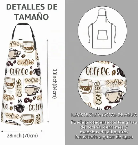 Vista 2 de Delantal, delantal con cuello ajustable para mujer, adecuado para el hogar, cocina, delantal de cocina Café Doodle