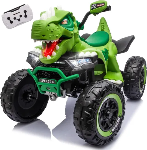 Vista 10 de ATV de dinosaurio de 24 V, motor de potencia de 200 W x 2, ruedas grandes, juguete de 2 plazas con control parental, suspensión de 4 ruedas, luces