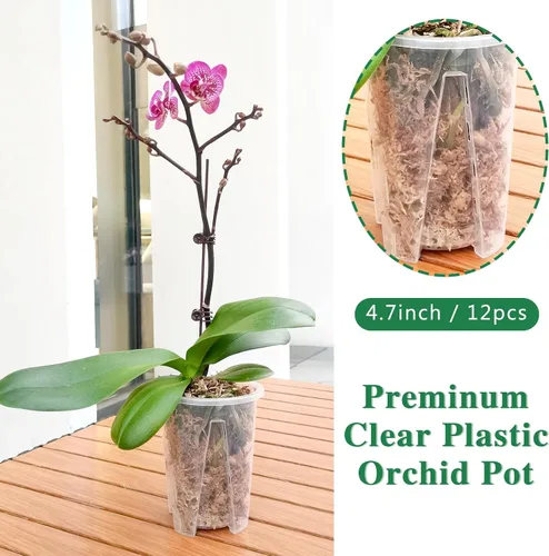 Vista 3 de Juego de 12 macetas para orquídeas: macetas de plástico transparente de 4.7 pulgadas, con agujeros para trasplante, maceta de flores
