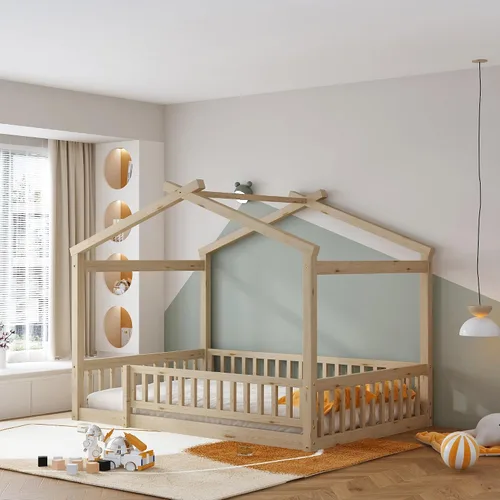 Vista 10 de Cama con dosel con valla, moderna cama de plataforma de madera maciza con cabecera y soporte de listones, moderna cama con paneles de 4 carteles Gris