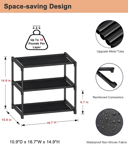 Vista 3 de HITHIM Zapatero pequeño de 3 niveles, organizador de zapatos apilable estrecho, soporte para zapatos resistente, zapatero de metal de tela no tejida