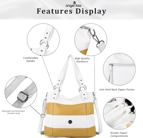 Vista 6 de Angel Kiss Hobo - Bolsos de hombro para mujer grandes suaves de piel sintética lavada a rayas bolsos cruzados