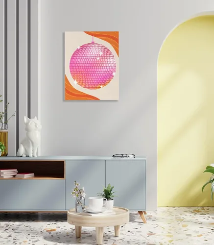 Vista 3 de LiTiu Lienzo decorativo para pared con diseño de coqueta rosa, estilo retro y moderno, diseño de bola de discoteca de los años 70, 11 x 14 pulgadas