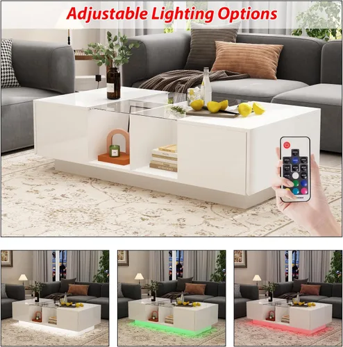 Vista 6 de ECACAD Moderna mesa auxiliar LED con cajones y compartimentos abiertos, mesa central rectangular con parte superior de cristal para sala de estar